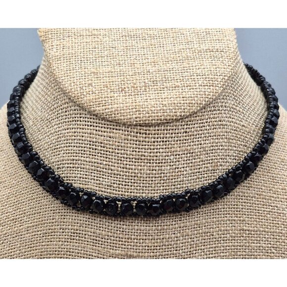 Black Glass Crystal Jewelry Set Choker Necklace Wide Bracelet Goth Witchy Formal - Picture 7 of 10